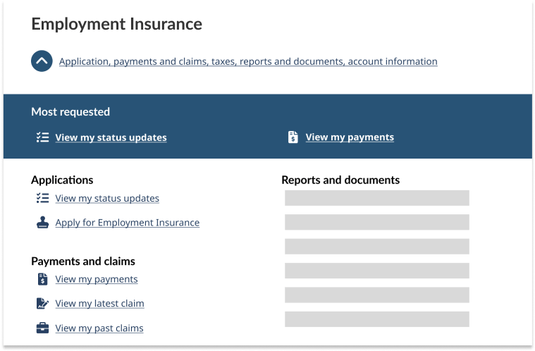 Partial image of the Employment Insurance section of the dashboard