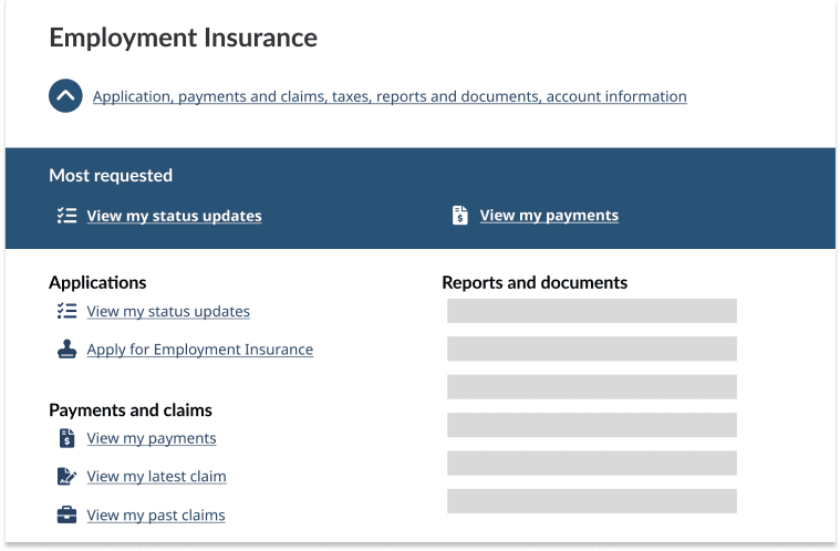 Partial image of the Employment Insurance section of the dashboard