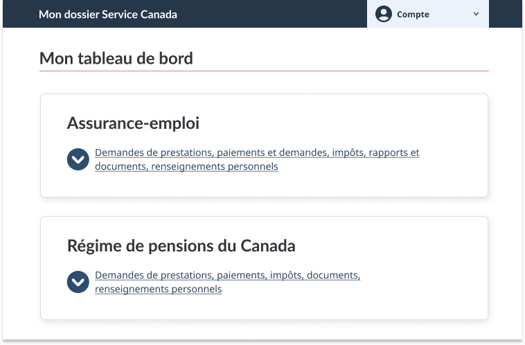 Page Mon tableau de bord de Mon dossier Service Canada