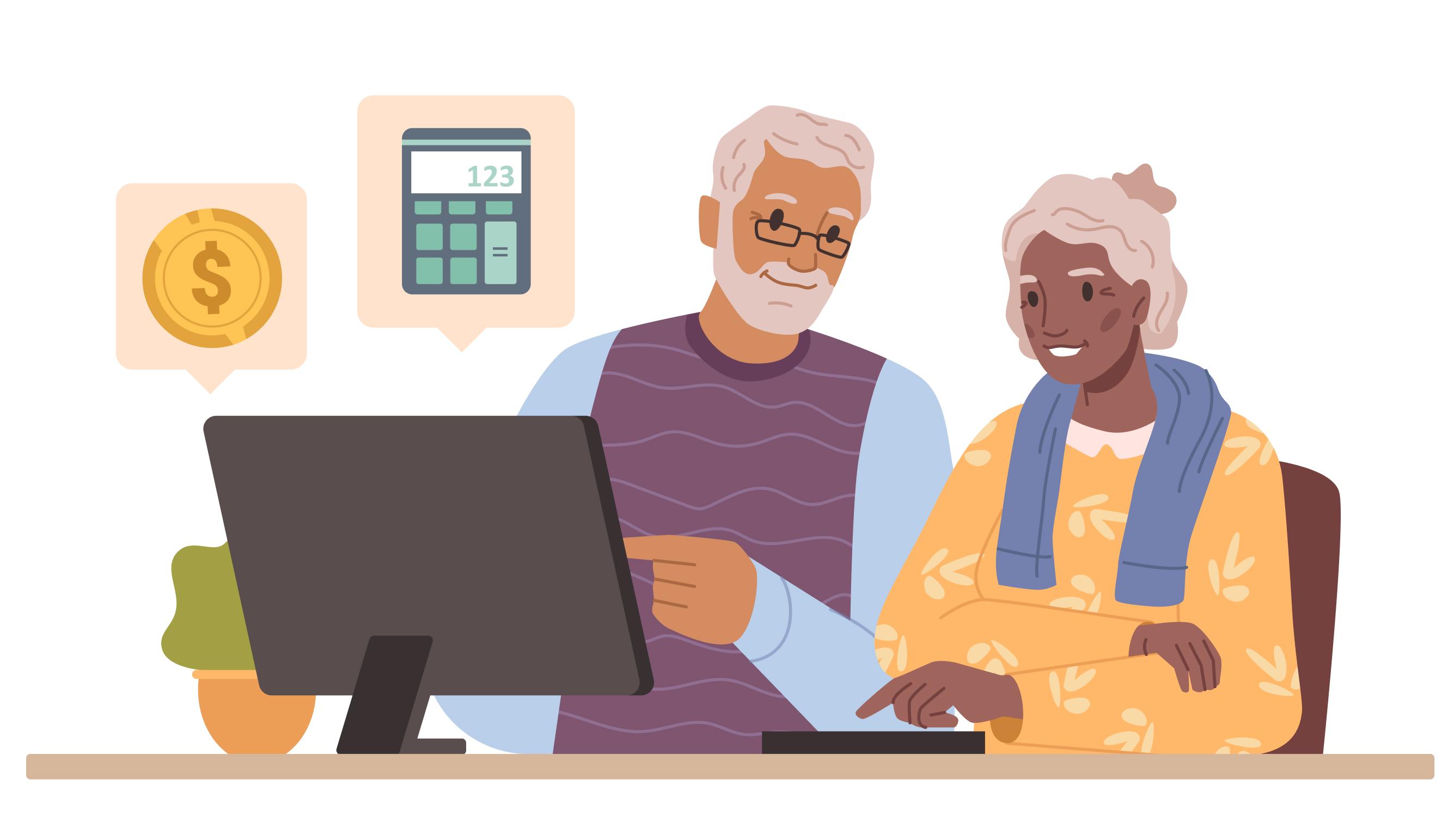  Couple âgé qui utilise l'estimateur sur un ordinateur